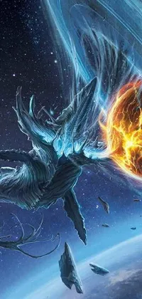 Enter a breathtaking universe with this Space Live Wallpaper! Flaming blue fireballs, fearsome creatures like the naga-tirr, and dazzling collapsing stars fill an unbounded, cosmic battlefield