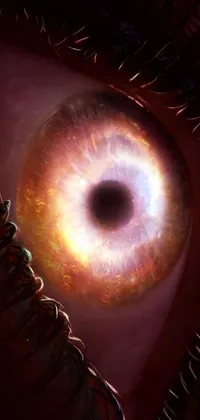 This live phone wallpaper showcases a close-up of an eye from a worm's eye view, influenced by surreal Abyss from Earthbound and the dark magic of Warhammer's Slaanesh