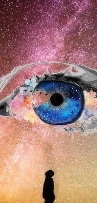 This phone live wallpaper features psychedelic art of an eye, with a figure gazing at the stars above, set against a digital painting with bright colors and intricate patterns