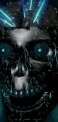 This phone live wallpaper features a stunning digital art, showcasing a close up of a skull with glowing eyes