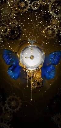 This phone live wallpaper showcases a clock featuring an intricately detailed butterfly