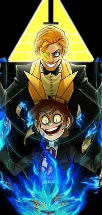 This is an animated phone live wallpaper depicting two pyramid-shaped cartoon characters with glowing eyes, an evil smile, and one dressed in a tuxedo