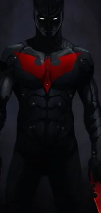 This phone live wallpaper showcases a close-up of a batman character in black and red armor, organic in design with a full-body and a futuristic glow