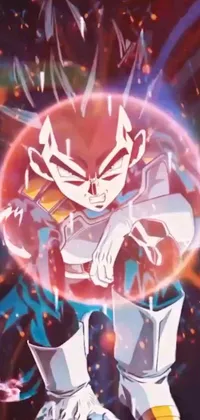 Get ready for an action-packed experience with this phone live wallpaper! Featuring a ball held by a hand and auto-destructive art, this wallpaper showcases Vegeta-inspired hair style amid fiery battle coloring and inverted dark glow power aura