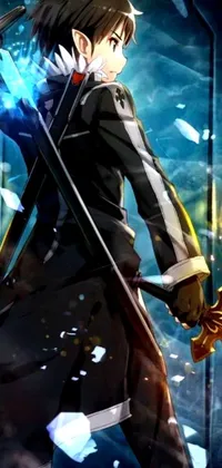 Experience the power of this phone live wallpaper, featuring a mysterious figure donning a black coat and wielding a sword, set against a backdrop of blue flames