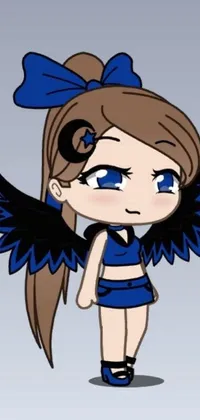 This phone live wallpaper features a cartoon girl wearing a cheerleader outfit and dark feathered wings