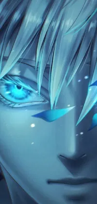 This phone live wallpaper showcases a breathtaking close up of blue eyes with anime inspired drawing