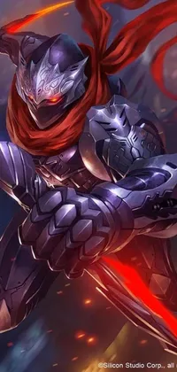 This dynamic phone live wallpaper features an incredible close-up of a silver and red suit of armor holding a long sword