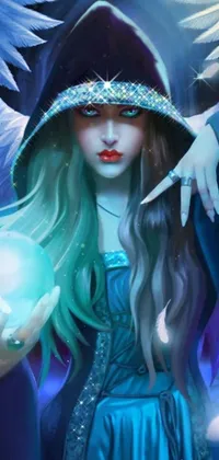 This phone live wallpaper features a stunning piece of digital fantasy art that showcases a woman in a flowing blue dress holding a mystical crystal ball