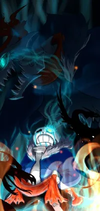 This live phone wallpaper showcases a cartoon character seated in front of a towering monster within a dark, mystical cave