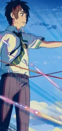 This phone live wallpaper depicts an exciting 90s anime style scene of a man standing on top of a building, holding a magical staff