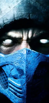 "Get the ultimate phone live wallpaper with a blue masked person resembling Mortal Kombat's Scorpion