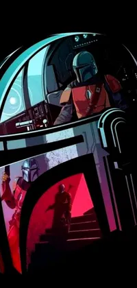 This live wallpaper showcases a striking close-up of a helmet based on the Mandalorian design, with a posterized color scheme