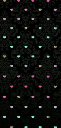 This stunning live phone wallpaper features a delightful heart pattern on a black background with a sparkling glitter effect, adding a touch of glamour to the design