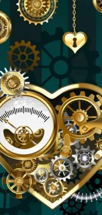 This phone live wallpaper is a golden and turquoise steampunk design that features a clock heart surrounded by moving gears