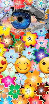 This live wallpaper features multiple emoticons sitting on a pile of flowers over a shimmering rainbow background
