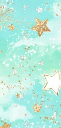 Create a captivating mobile live wallpaper featuring a soothing blue backdrop adorned with golden stars and fluffy clouds