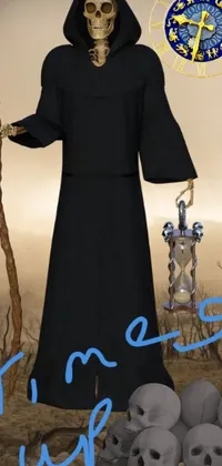 This live wallpaper for your phone depicts a mysterious, hooded figure holding a scythe