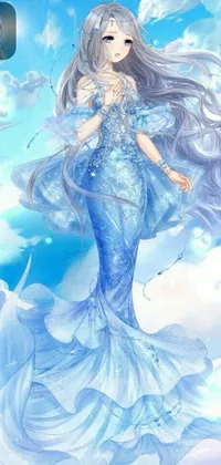 This live phone wallpaper showcases a beautiful anime character in a blue dress, standing in the clouds