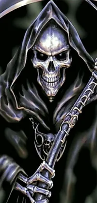 This phone live wallpaper features a haunting and eerie image of a skeleton holding a scythe