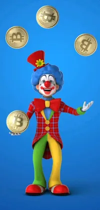 This phone live wallpaper showcases a happy clown juggling for coins against a serene blue background