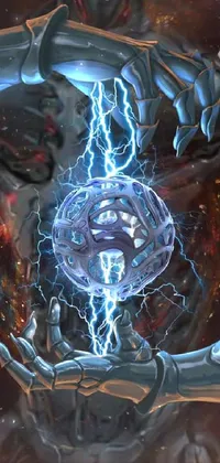 This phone live wallpaper showcases an incredible close-up of a hand holding a ball of lightning, against the backdrop of an open portal leading to another dimension