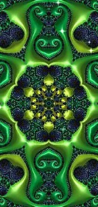 This green and yellow kaleidoscopic live wallpaper draws inspiration from complex, fractal patterns in nature