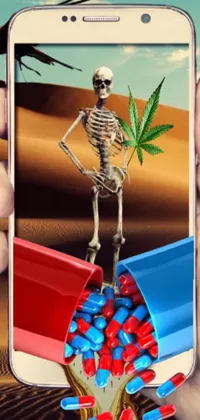 Get a edgy, fantastical live phone wallpaper featuring a digital skeleton rendering, 4 weed pots, hallucinatory pills, and a neon green background
