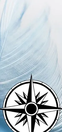 This live phone wallpaper features a feather with a compass etched into it, set against a sky-blue backdrop with subtle white gradients