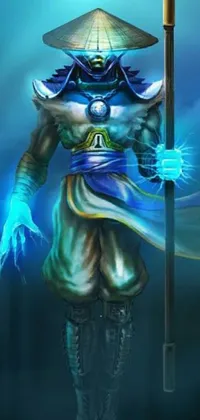 This Android live wallpaper features a blue and gold-clad figure holding a staff