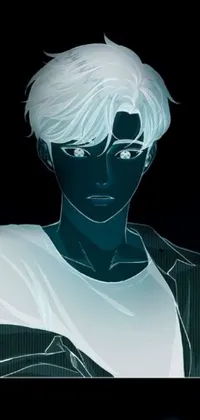 This stunning live wallpaper features a digital artwork with a man with white hair standing in front of a black background