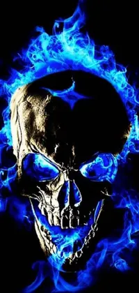 Black and blue live wallpaper with a sots art inspired blue fire skull as its main feature