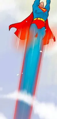 This live wallpaper features an animated Superman soaring through the air on top of a rainbow against a red and cyan inked background