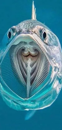 This stunning live wallpaper showcases a detailed close-up of a fish with its mouth open, providing a glimpse into its intricate anatomy and gelatinous, symmetrical body