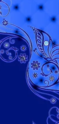 This live wallpaper showcases a stunning blue background with intricate floral designs accented by beautiful blue diamonds and sparkling gems on top of a paisley wallpaper