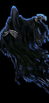 This live wallpaper features a close up image of the grim reaper in the background with blue flames surrounding its ominous presence