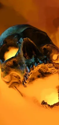 This live wallpaper for phones showcases a digital art image of a skull positioned on a cloudy ground with flaming orange background
