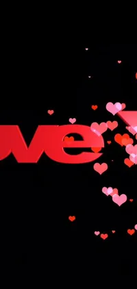 This live wallpaper for your phone features a striking design of the word "love" surrounded by floating hearts set against a black background