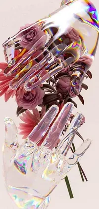 This live wallpaper features a 3D render of a pink flower-filled vase on a table