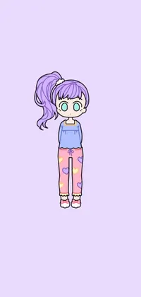 This phone live wallpaper features an adorable full body sprite of a girl with pastel-colored pajamas and purple hair
