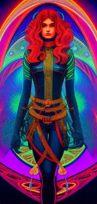 Enjoy the stunning phone live wallpaper featuring a fierce red-haired woman in an intricate, layered costume design inspired by a Marvel movie