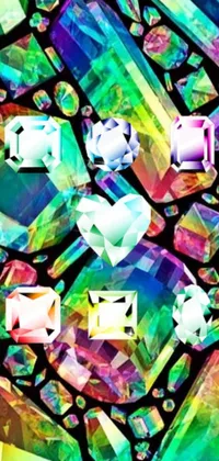 This remarkable phone live wallpaper showcases a collection of stunning colorful crystals set against a black backdrop
