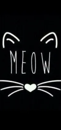 This phone wallpaper features a cartoon cat with the word "meow" on a black background