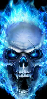 This phone live wallpaper depicts a striking blue fire skull against a black background