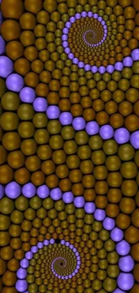 This phone live wallpaper showcases a mesmerizing spiral mosaic design based on a scifi-inspired nanowire skin, featuring gold and purple hues