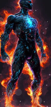 This phone live wallpaper features a stunning depiction of a fiery thunder man standing before a blaze