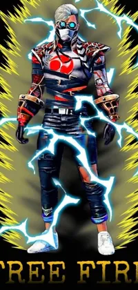 This electrifying live wallpaper features a man standing in front of powerful lightning in a jester costume with a mechanic punk outfit design, inspired by Japanese tokusatsu series Fourze
