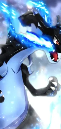This eye-catching phone live wallpaper features a striking black and white dragon in a powerful fighting stance, with blue flames emanating from its mouth