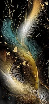 This phone live wallpaper features a stunning close-up shot of a feather on a black background, surrounded by glowing butterflies