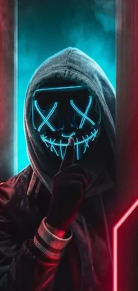 This live phone wallpaper features a stunning neon mask in front of a cyberpunk-inspired door